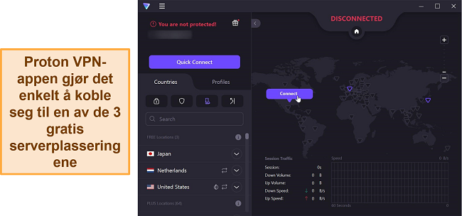 Skjermbilde av Proton VPNs serveroversikt som viser de 3 gratis serveralternativene.