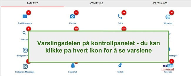 Skjermbilde av WebWatcher Alert -delen