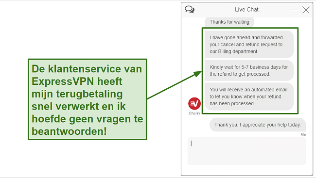 Screenshot van ExpressVPN restitutieverzoek via live chat