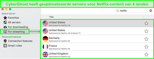 Schermafbeelding van de CyberGhost-app-interface met geoptimaliseerde servers voor het streamen van Netflix