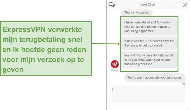 Schermafbeelding van het terugbetalingsverzoek via live chat.