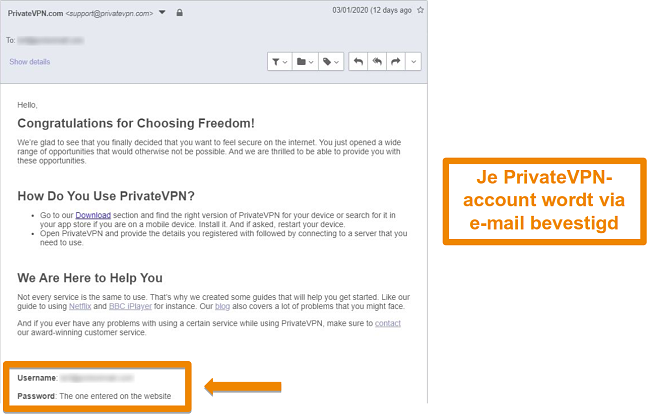 Screenshot van een PrivateVPN e-mailbevestiging na het aanmelden voor een account