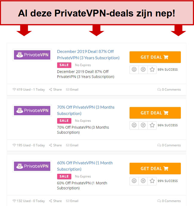 Screenshot van PrivateVPN-deals met valse prijzen