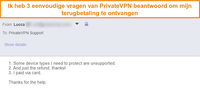 Screenshot van reacties om een PrivateVPN-terugbetaling aan te vragen via e-mail