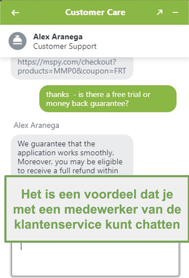 Screenshot van de chat met een echte klantenservicemedewerker