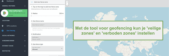 Screenshot van veilige zones en verboden zones met de optie Geofence