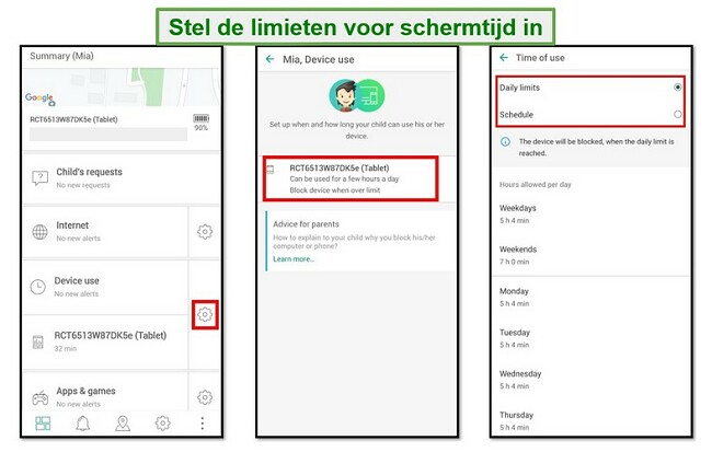 Tijdslimieten voor Safe Kids-schermen