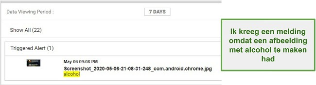 Screenshot van WebWatcher-waarschuwingen van afbeeldingen