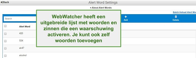 Schermafbeelding van Webwatcher-waarschuwingswoorden