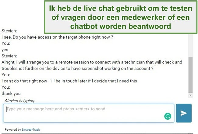 Screenshot van Webwatcher-klantenondersteuning