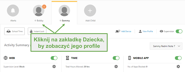 Skonfiguruj różne profile Norton Family dla każdego dziecka