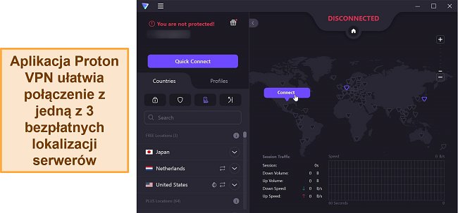 Zrzut ekranu przedstawiający przegląd serwerów Proton VPN przedstawiający 3 bezpłatne opcje serwerów.