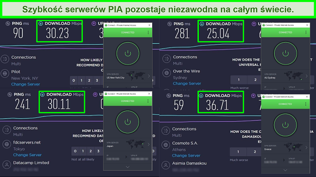 Zrzuty ekranu testów prędkości Ookla z PIA podłączonym do różnych globalnych serwerów.