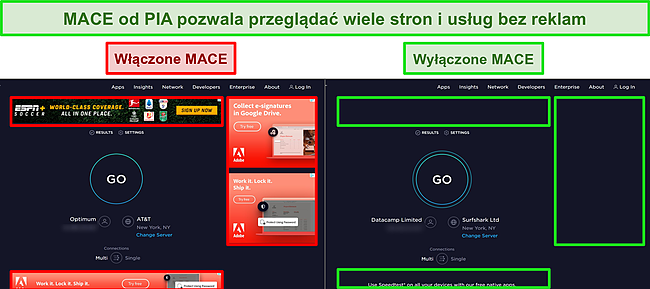 Zrzuty ekranu witryn Ookla z wyłączoną i włączoną funkcją MACE PIA, podkreślające różnicę w liczbie reklam wyświetlanych na każdej stronie.