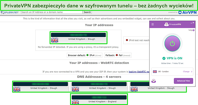 Zrzut ekranu wyników testu szczelności IPLeak.net pokazujący brak wycieków danych, gdy PrivateVPN jest podłączony do serwera w Wielkiej Brytanii.