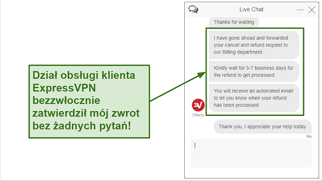 Zrzut ekranu z prośbą o zwrot pieniędzy za ExpressVPN na czacie na żywo