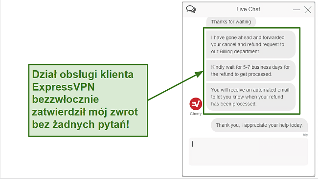 Screenshot of ExpressVPN refund request over live chat.