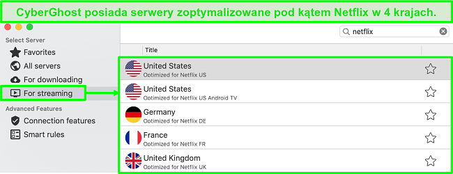 Zrzut ekranu interfejsu aplikacji CyberGhost przedstawiający zoptymalizowane serwery do przesyłania strumieniowego Netflix