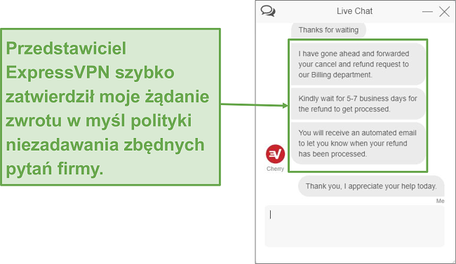 Zrzut ekranu przedstawiający prośbę o zwrot pieniędzy za pośrednictwem czatu na żywo.