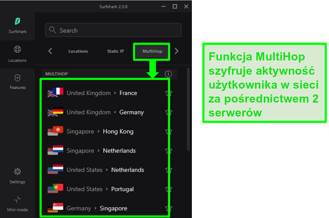 Zrzut ekranu przeglądu serwerów Surfshark pokazujący ich serwery MultiHop