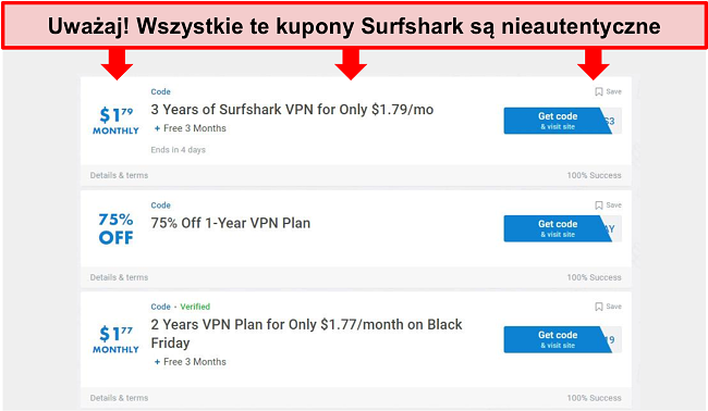 Zrzut ekranu fałszywych kuponów Surfshark