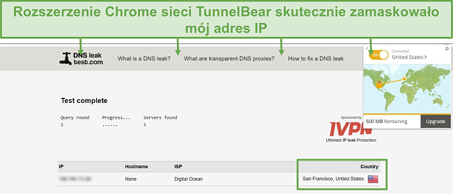 Zrzut ekranu z wynikami testu wycieku DNS po podłączeniu do TunnelBear.