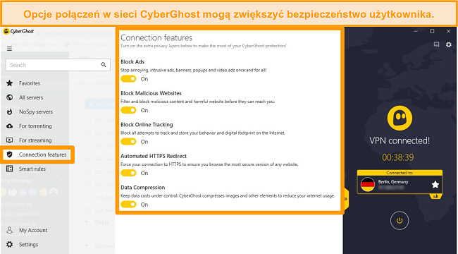 Zrzut ekranu przedstawiający funkcje połączenia CyberGhost w celu poprawy bezpieczeństwa online.