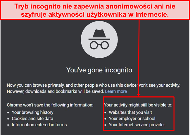 Zrzut ekranu powiadomień w trybie incognito.