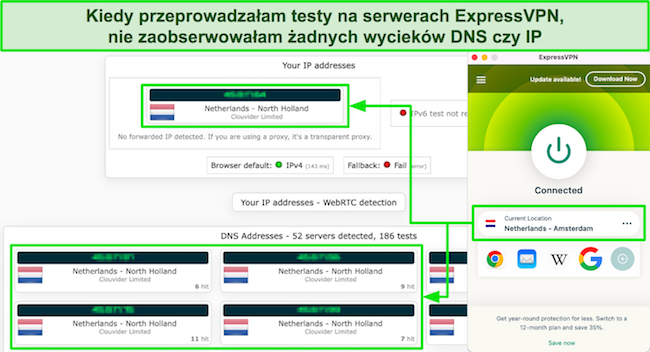 Zrzut ekranu wyników testu szczelności ExpressVPN