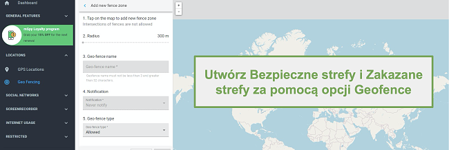 Zrzut ekranu stref bezpiecznych i zabronionych z opcją Geofence