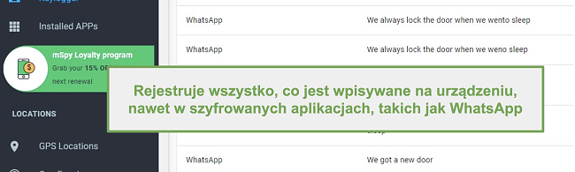 Zrzut ekranu dzienników z zaszyfrowanych aplikacji, takich jak WhatsApp