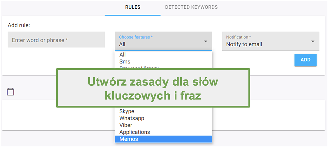 Zrzut ekranu z regułami słów kluczowych i fraz
