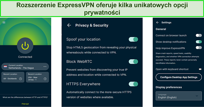 Zrzut ekranu rozszerzenia Chrome ExpressVPN i jego ustawień bezpieczeństwa.
