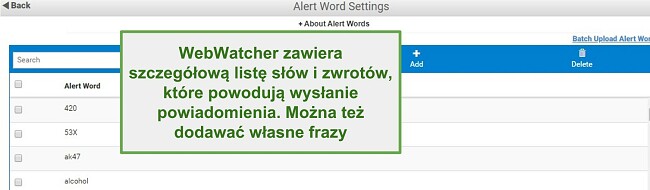 Zrzut ekranu z Webwatcher Alert Words