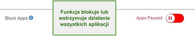 Zrzut ekranu Webwatcher blokuje lub wstrzymuje aplikacje