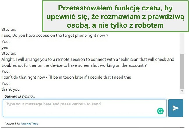 Zrzut ekranu obsługi klienta Webwatcher