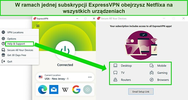 Zrzut ekranu aplikacji ExpressVPN Windows pokazujący opcje urządzenia, na którym można używać ExpressVPN