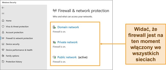 Zrzut ekranu aplikacji Zabezpieczenia systemu Windows przedstawiający stan zapory i ochrony sieci