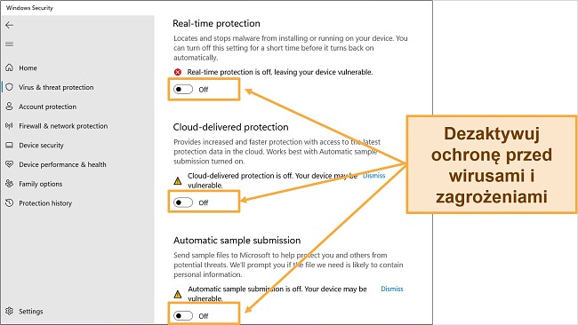 Zrzut ekranu aplikacji Zabezpieczenia systemu Windows przedstawiający wyłączoną ochronę przed wirusami i zagrożeniami