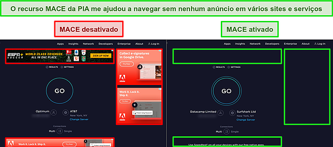 Capturas de tela dos sites da Ookla com o recurso MACE do PIA ativado e desativado, destacando a diferença no número de anúncios vistos em cada página.