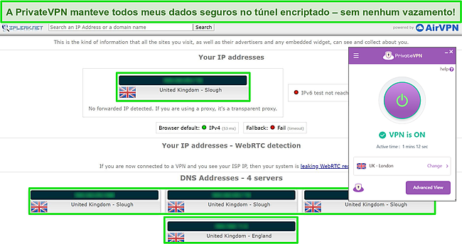 Captura de tela dos resultados do teste de vazamento do IPLeak.net mostrando nenhum vazamento de dados, com o PrivateVPN conectado a um servidor do Reino Unido.
