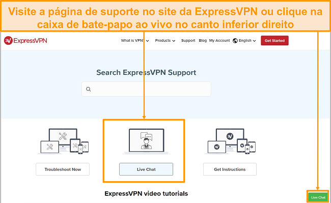 Captura de tela do suporte de chat ao vivo ExpressVPN