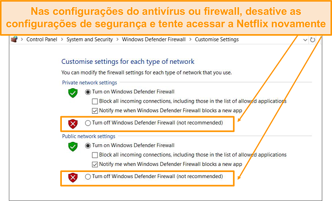 Captura de tela das configurações de firewall e segurança