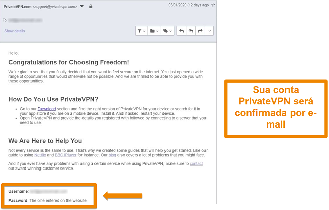 Captura de tela de uma confirmação de e-mail PrivateVPN após se inscrever para uma conta