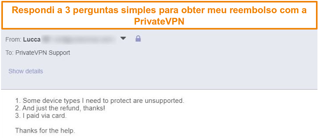 Captura de tela das respostas para solicitar um reembolso PrivateVPN por e-mail