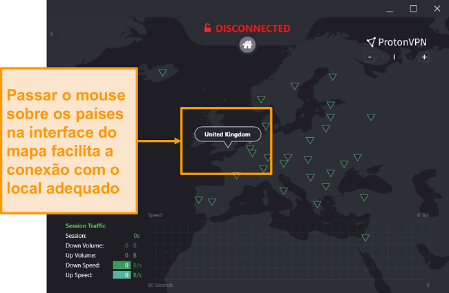 Captura de tela do mapa de servidor interativo do Proton VPN.