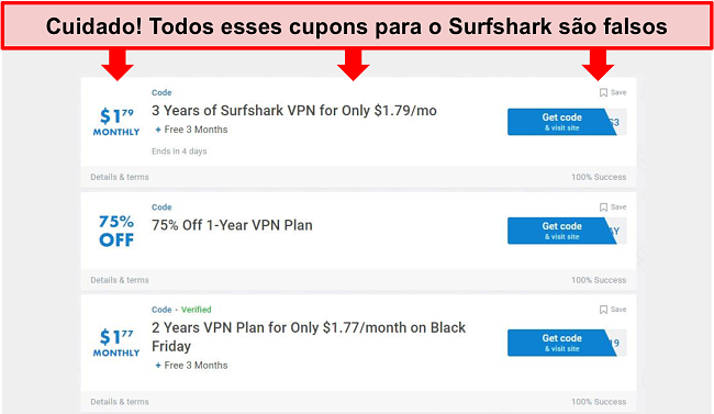 Captura de tela de cupons Surfshark falsos