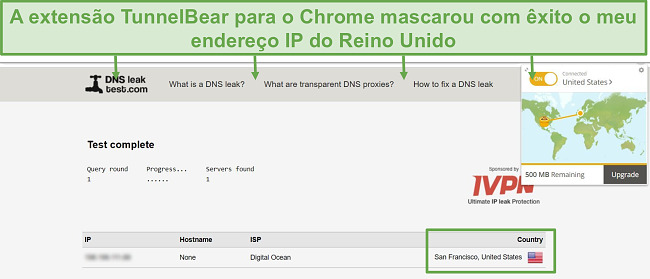 Captura de tela dos resultados do teste de vazamento de DNS quando conectado ao TunnelBear.