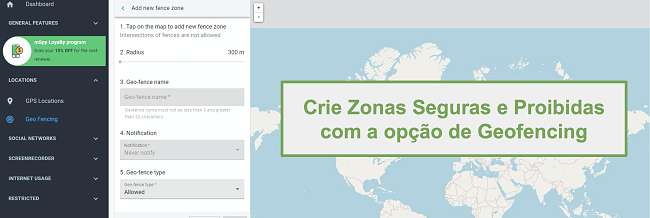 Captura de tela de zonas seguras e zonas proibidas com a opção Geocerca