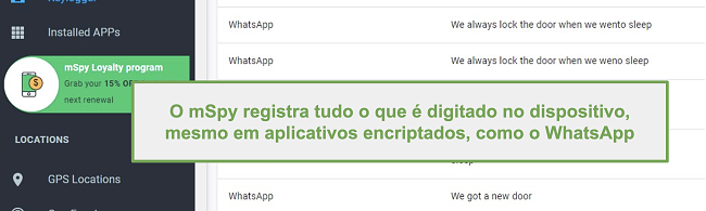 Captura de tela de registros de aplicativos criptografados como o WhatsApp